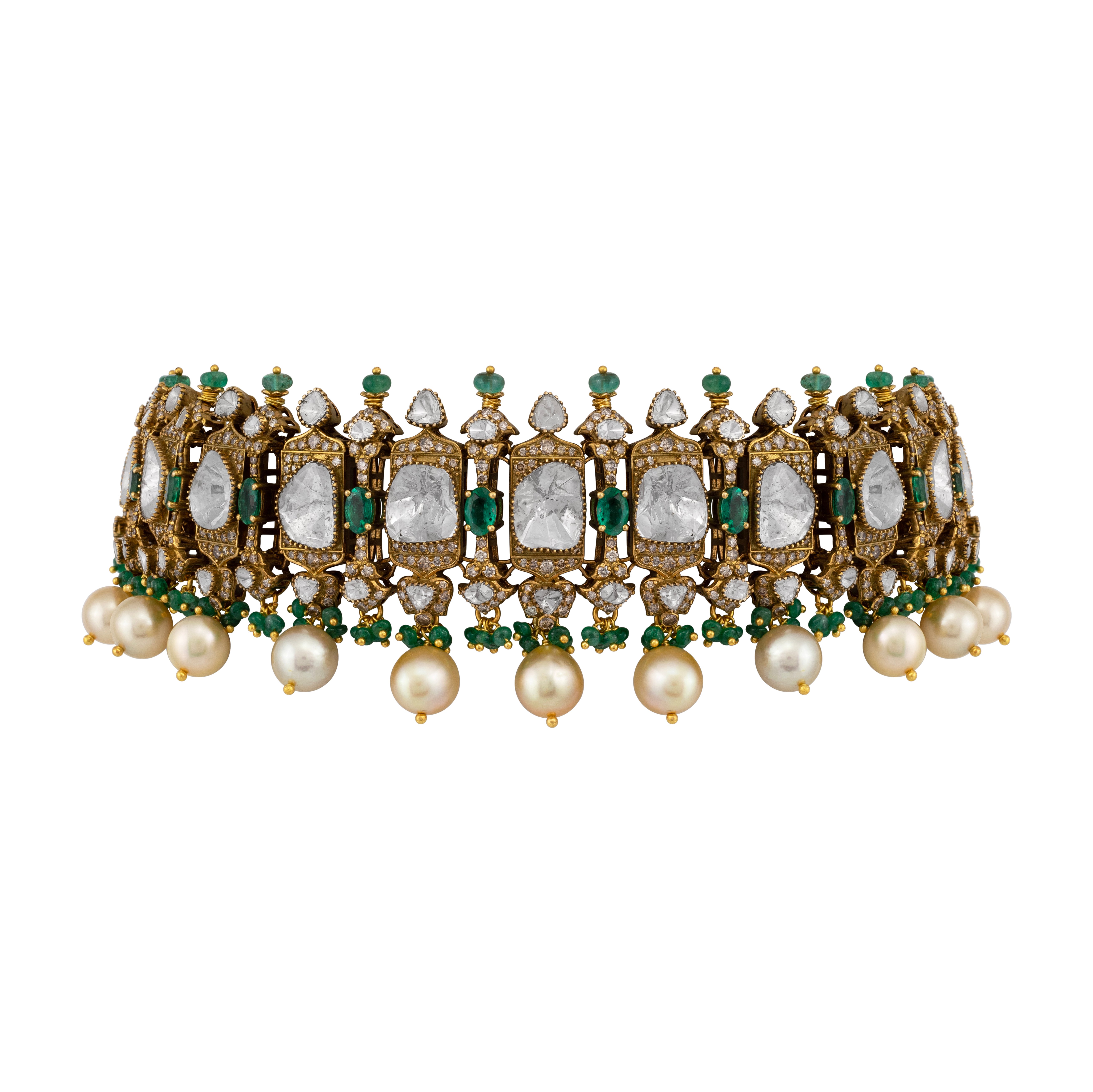 Antique Polki Choker with Emerald and Pearl Fringe